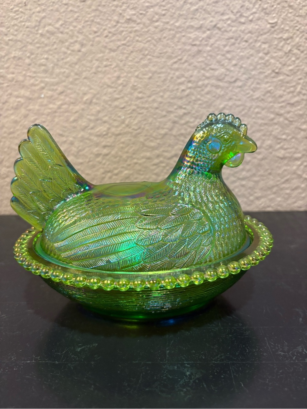 Iridescent Green Carnival Glass Hen on Nest Decorative Dish
